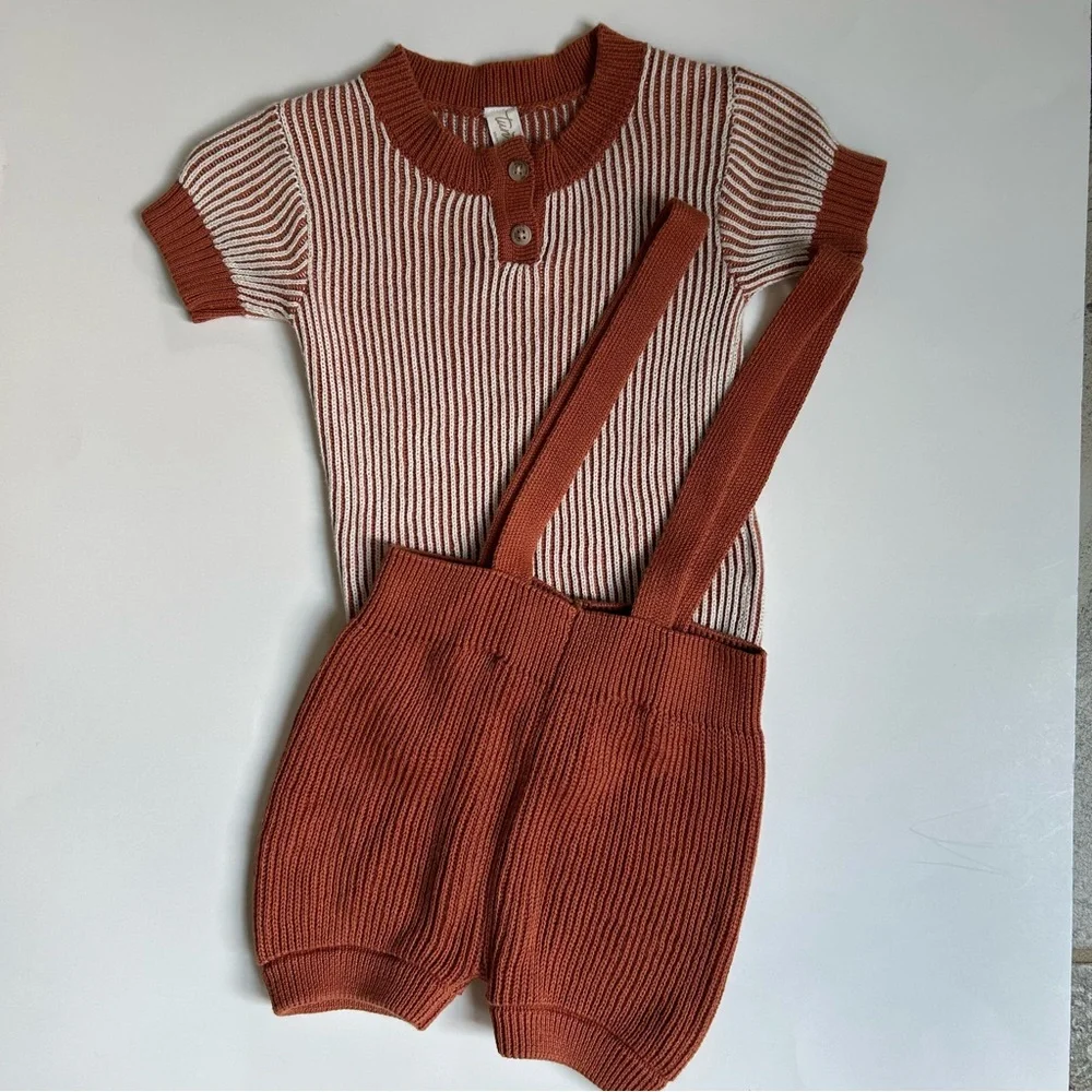 Tun Tun Baby Boy Brown Knit Ribbed Suspender Short Set, Size 12-18  Months